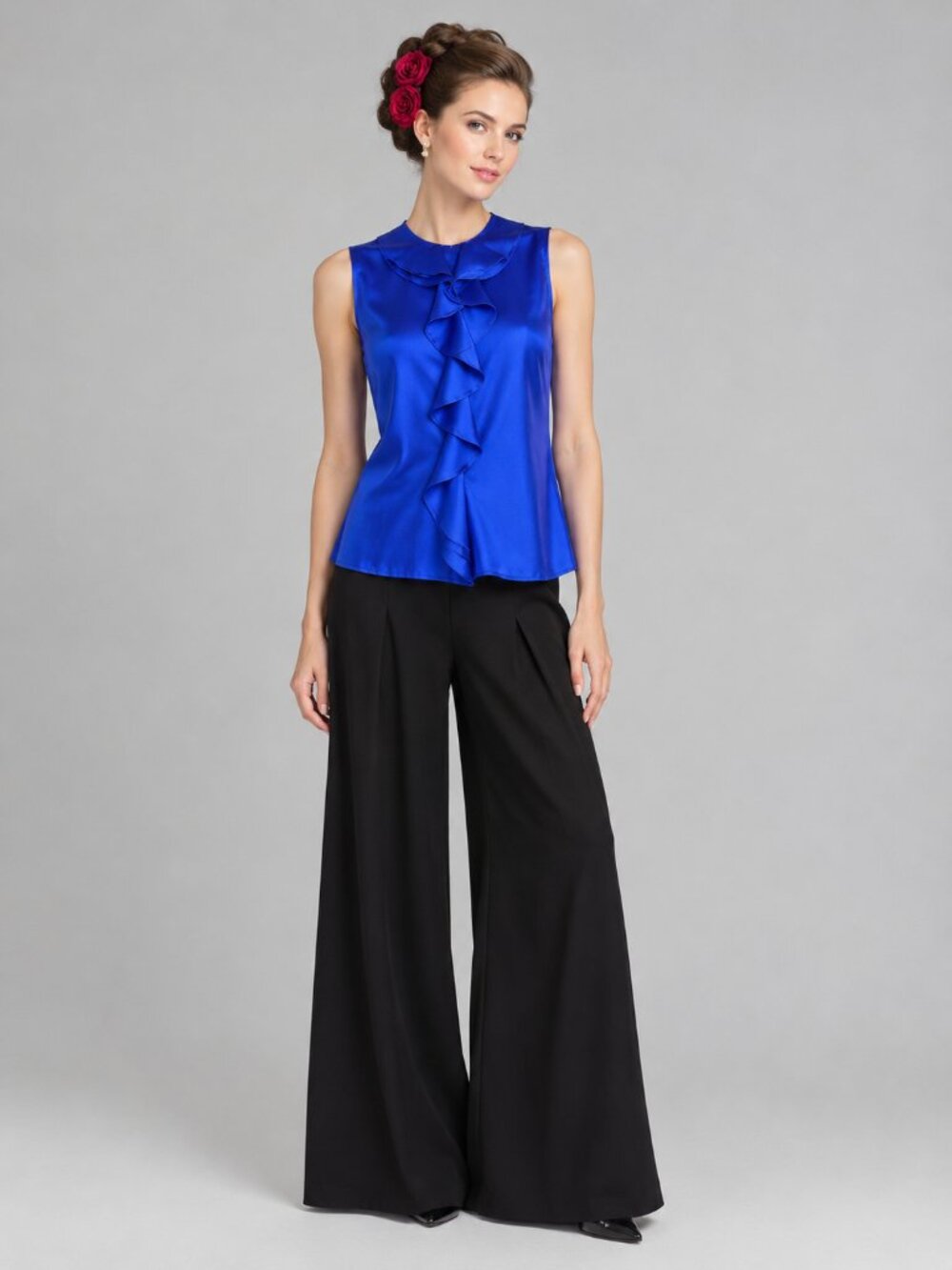 NWT Isabella DeMarco Nina Blouse Cascading Ruffle Front Cobalt Blue 14 #A4567